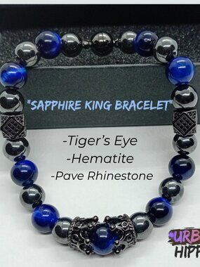 Blue Tiger Eye Crown Bracelet Hematite Beaded Bracelet Magnetic Clasp Handmade